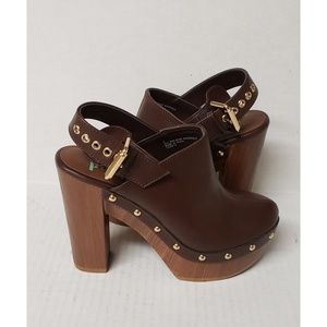 Stylish Brown Leather Clogs with Gold Studs